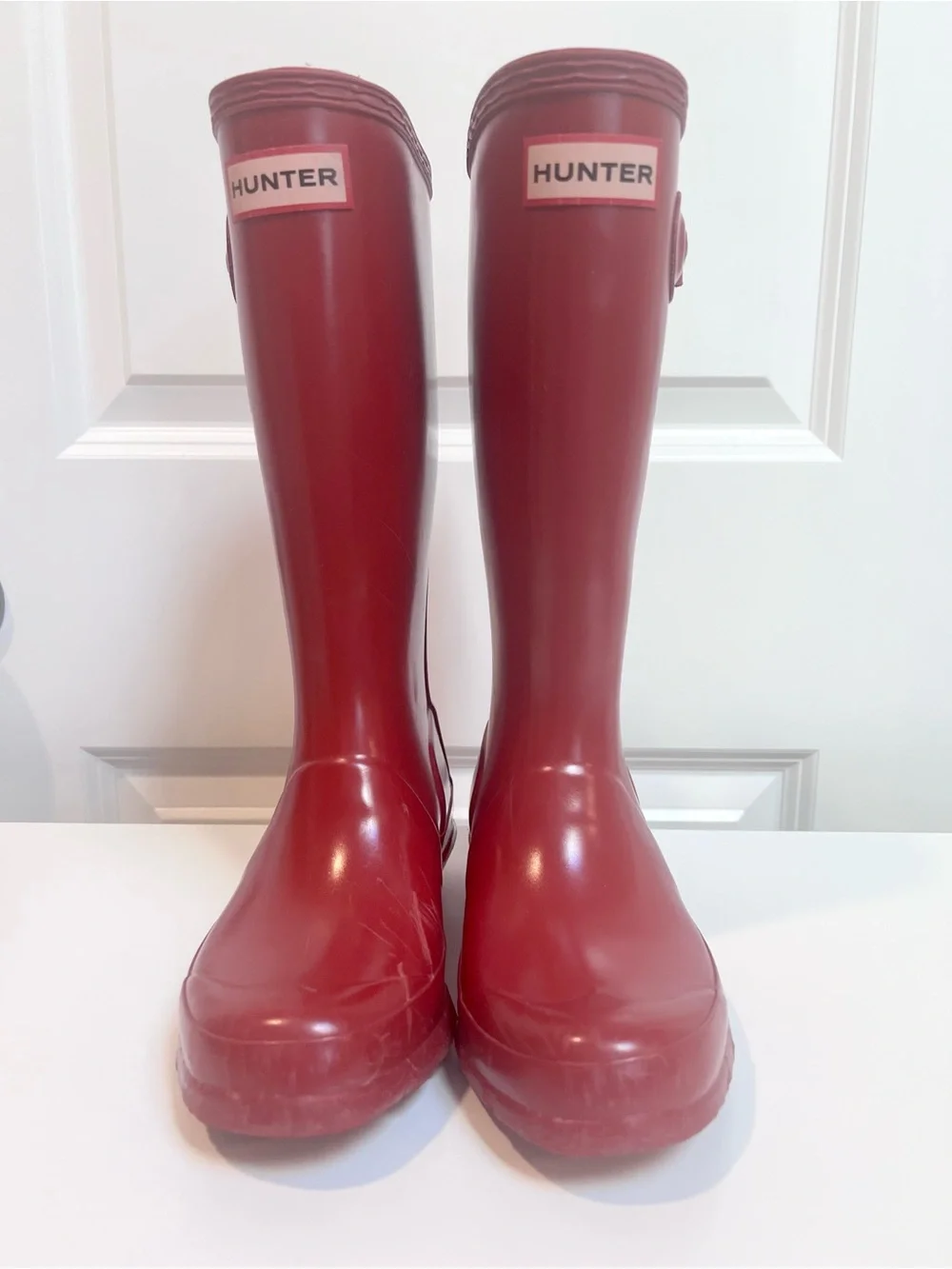 Hunter Kids Youth Glossy Red Knee-High Rain Boots Size 1 / 2 Boys Girls